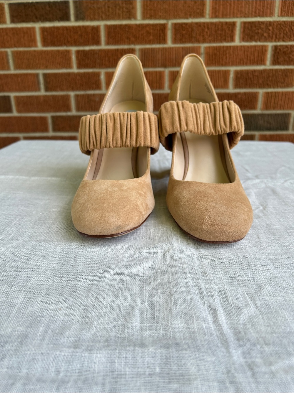 Nine West Women's Tan Suede Block Heel Pumps with Ruched Strap - Picture 2 of 5